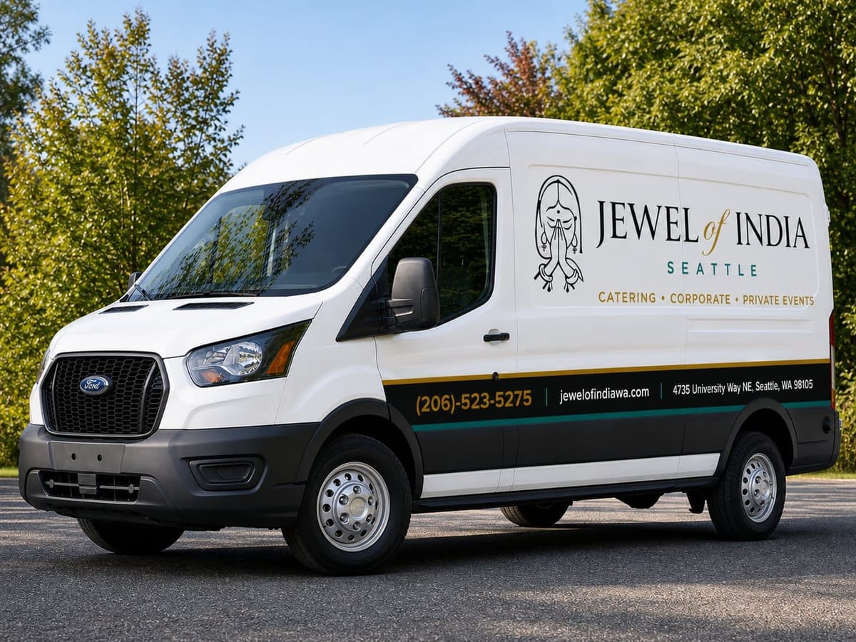 Jewel of India branded delivery van for corporate catering across Seattle